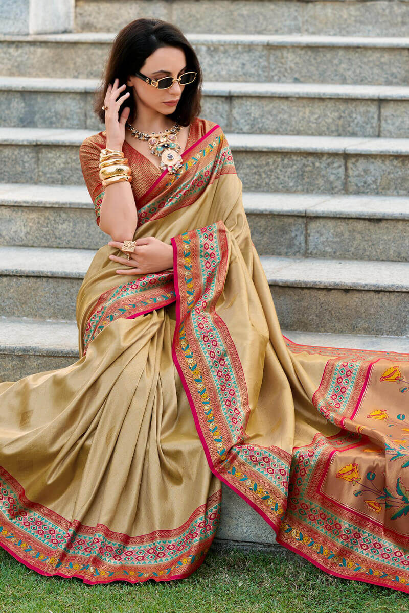 Dark Beige Paithani Tissue Silk Saree