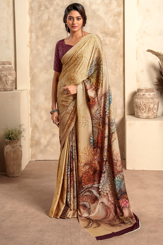 Dark Beige Printed Soft Satin Silk Saree