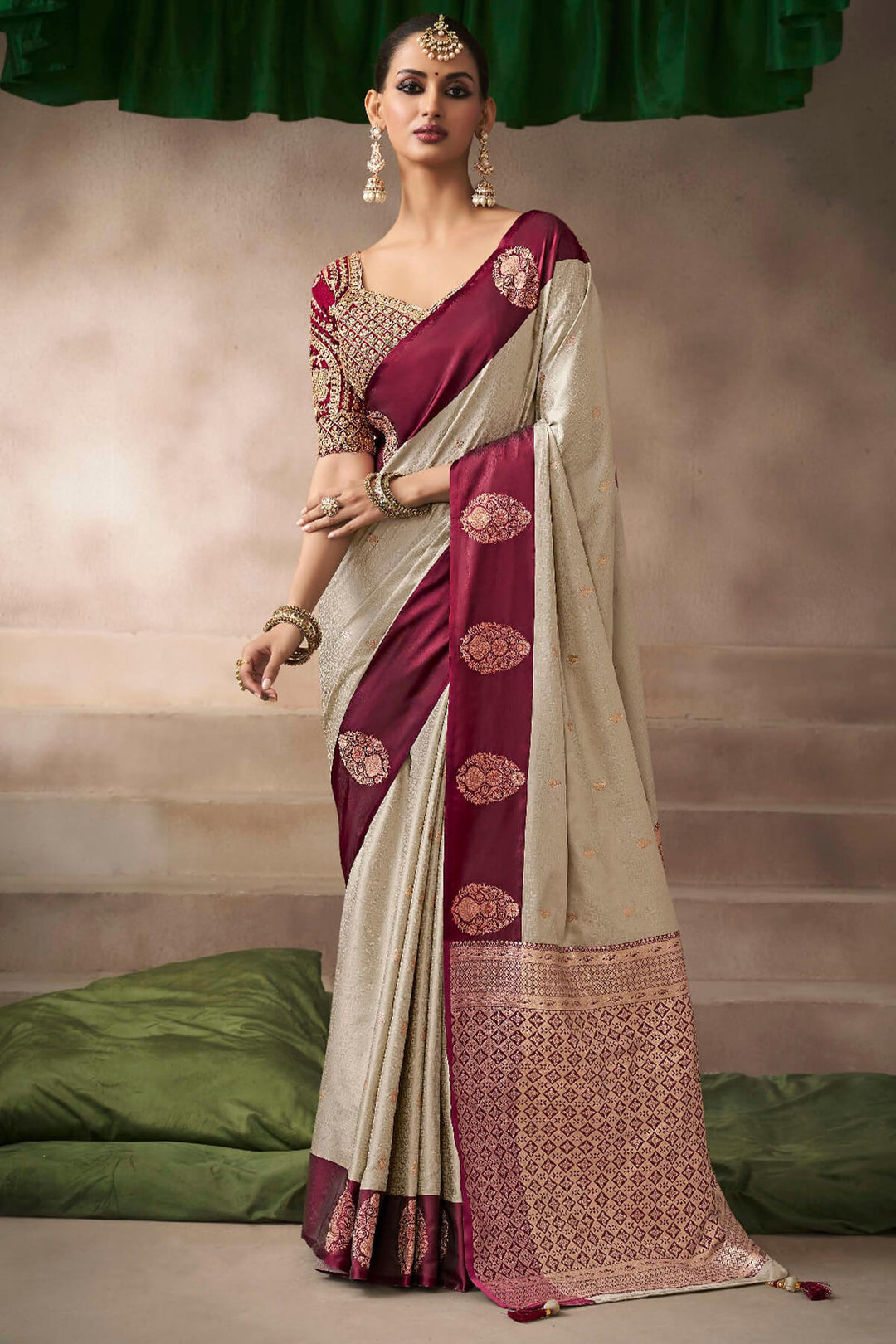 Dark Beige Zari Woven Satin Silk Saree With Heavy Embroidery Blouse Piece