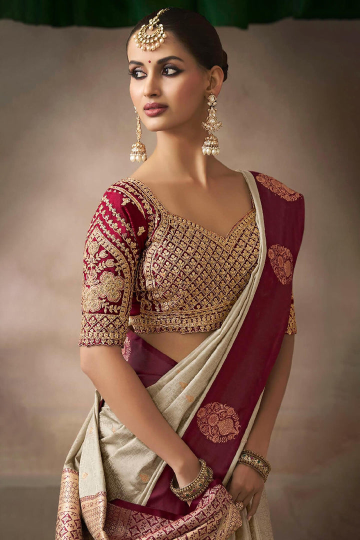 Dark Beige Zari Woven Satin Silk Saree With Heavy Embroidery Blouse Piece