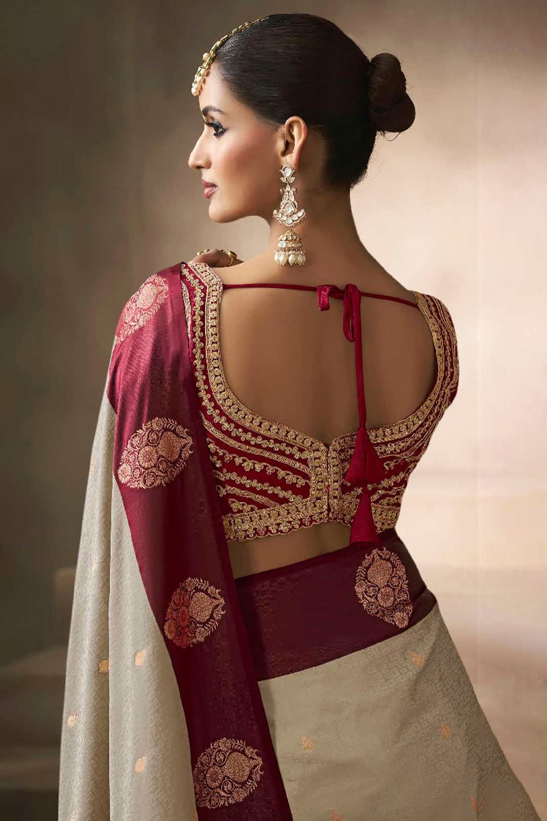 Dark Beige Zari Woven Satin Silk Saree With Heavy Embroidery Blouse Piece