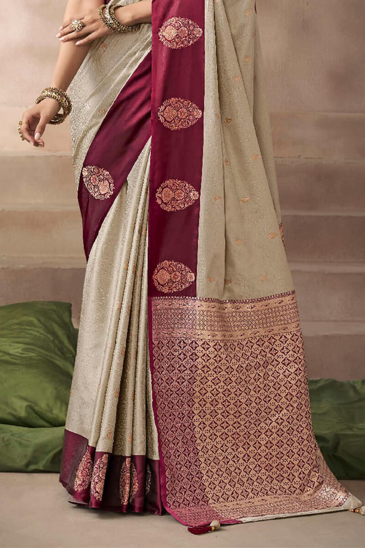 Dark Beige Zari Woven Satin Silk Saree With Heavy Embroidery Blouse Piece