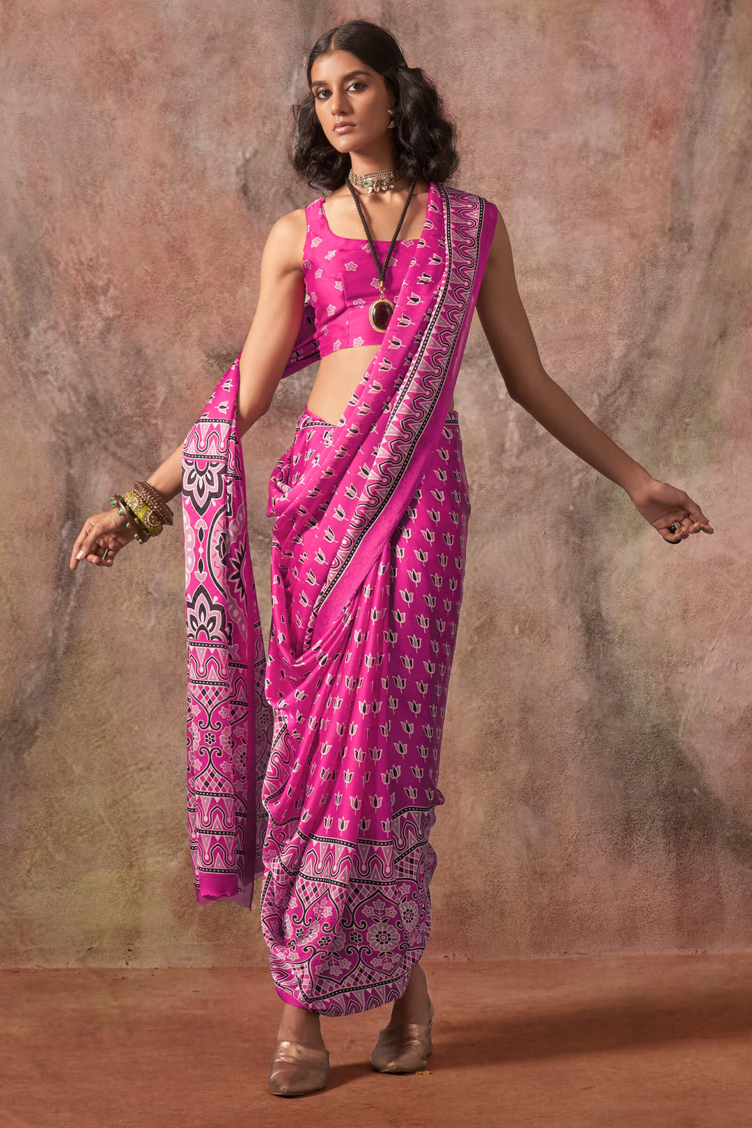 Dark Carnation Pink Ajarkh Printed Satin Georgette Silk Saree
