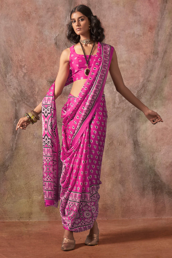 Dark Carnation Pink Ajarkh Printed Satin Georgette Silk Saree