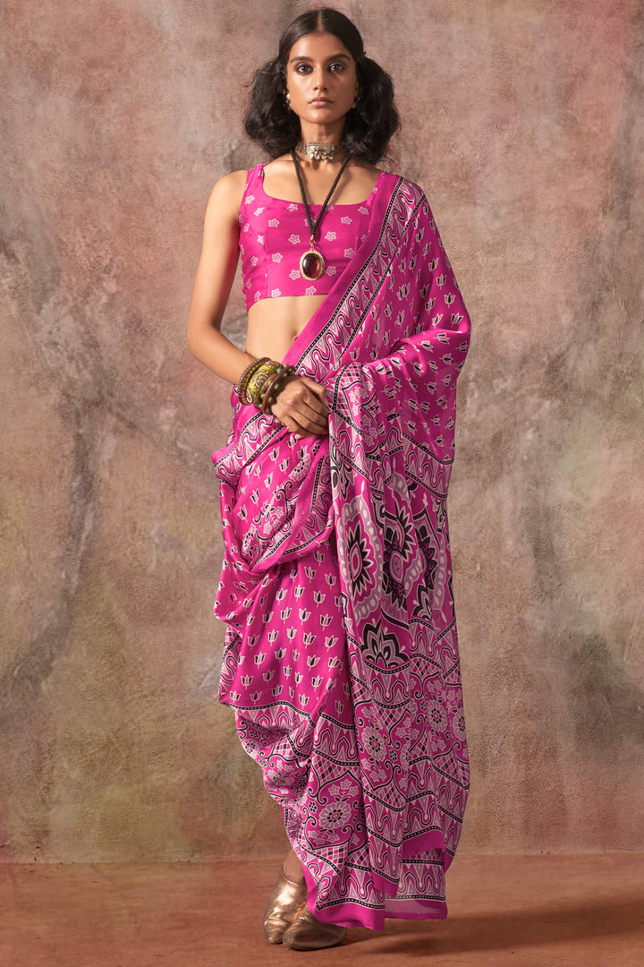 Dark Carnation Pink Ajarkh Printed Satin Georgette Silk Saree
