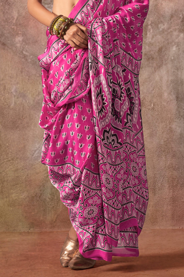 Dark Carnation Pink Ajarkh Printed Satin Georgette Silk Saree