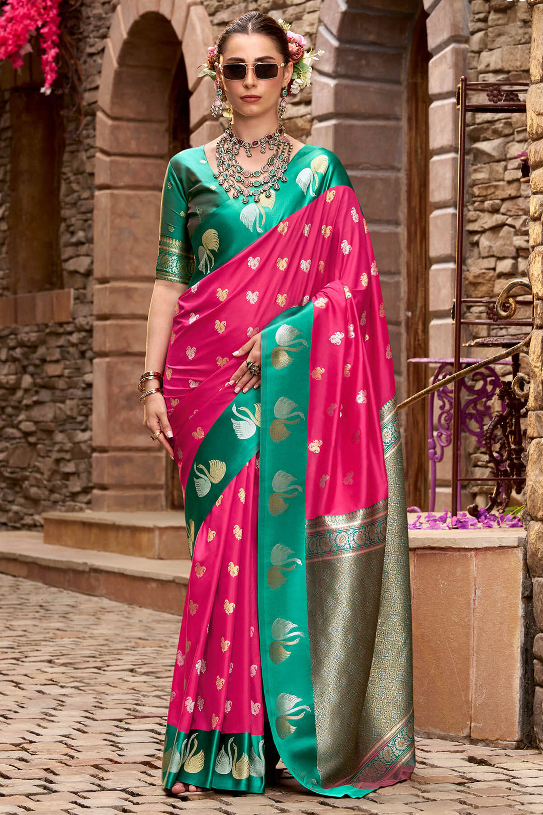 Dark Hot Pink Satin Silk Saree