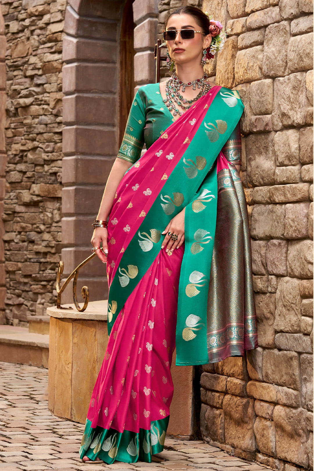 Dark Hot Pink Satin Silk Saree