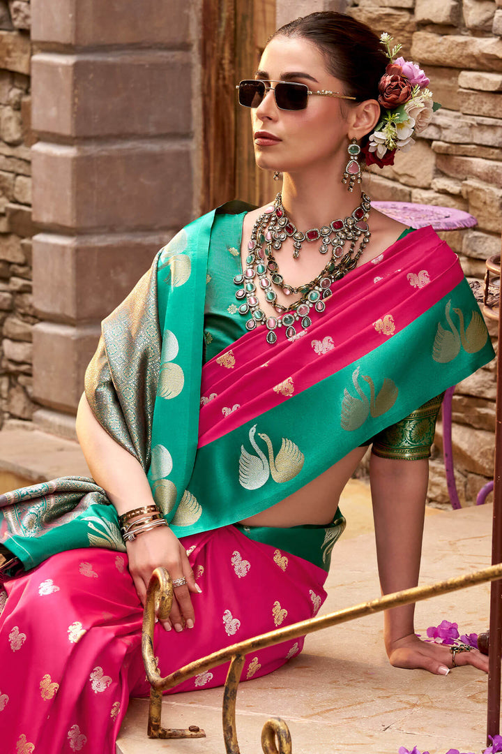 Dark Hot Pink Satin Silk Saree