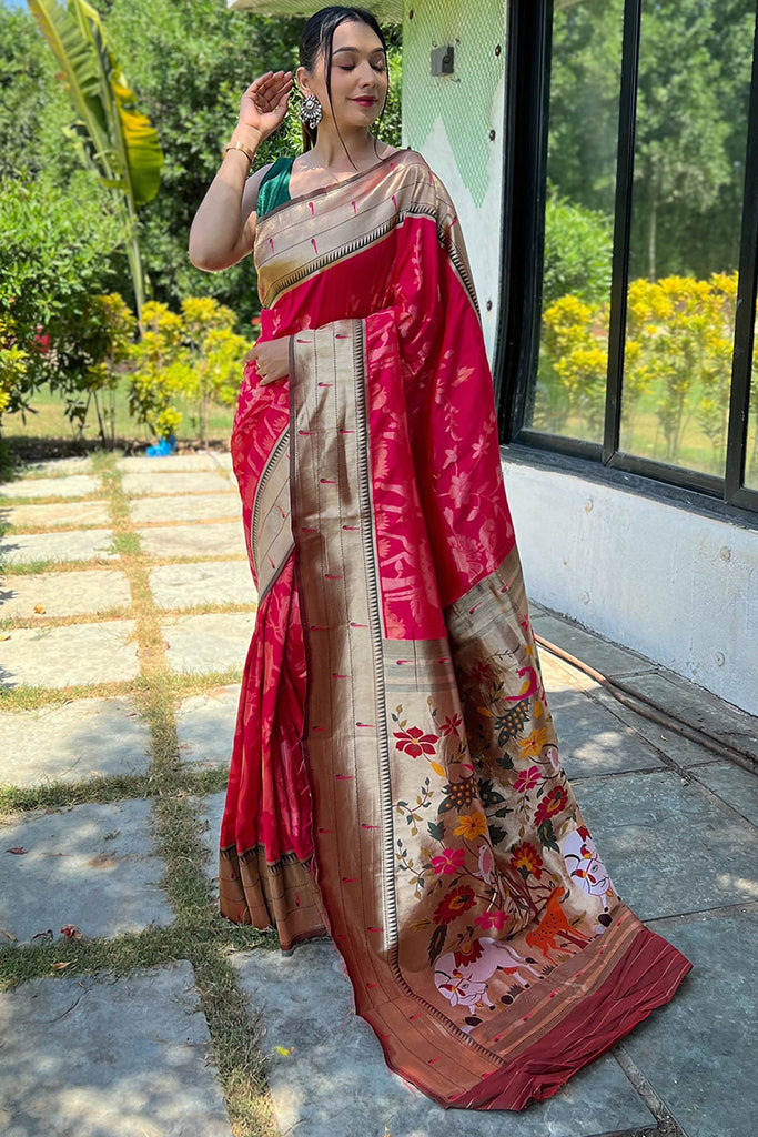 Dark Hot Pink Zari Woven Paithani Silk Saree