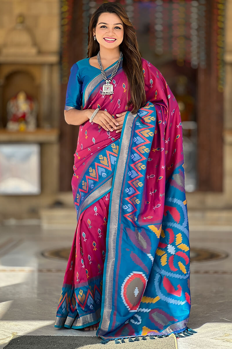 Dark Magenta Ikkat Weaving Soft Silk Saree