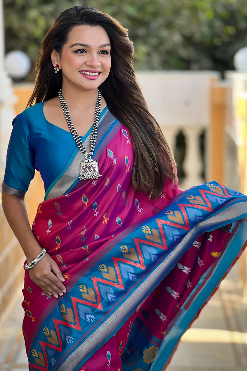 Dark Magenta Ikkat Weaving Soft Silk Saree