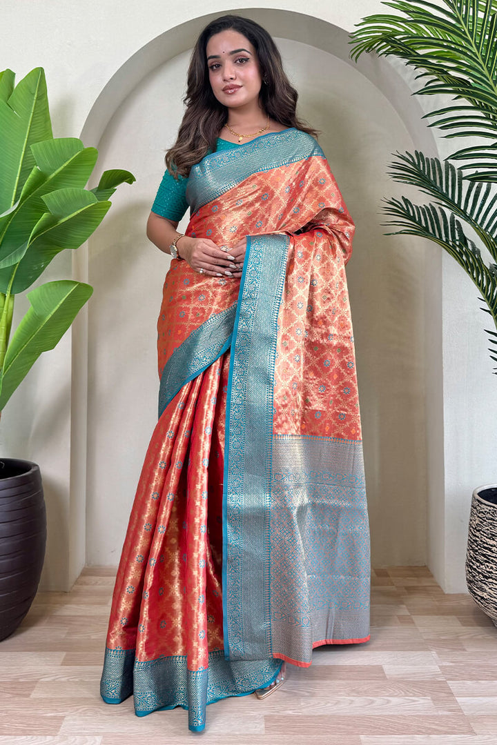 Dark Peach Banarasi Tissue Silk Saree