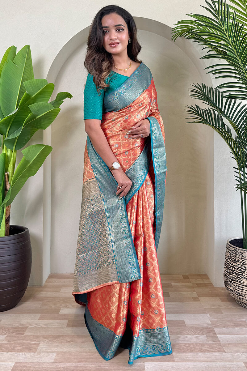 Dark Peach Banarasi Tissue Silk Saree