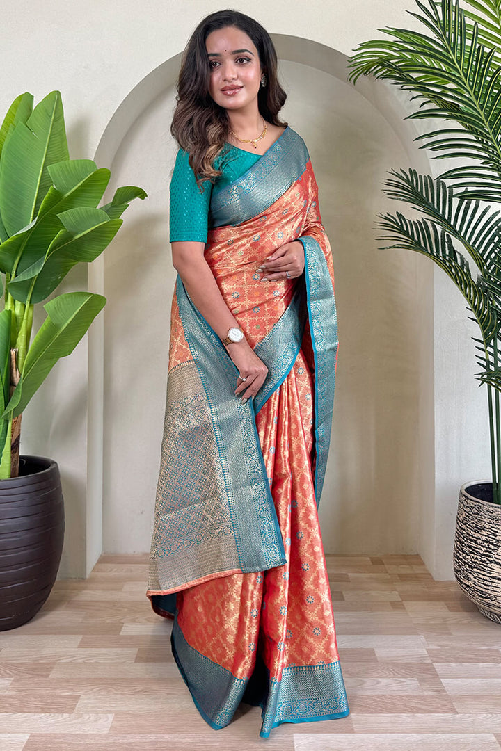 Dark Peach Banarasi Tissue Silk Saree