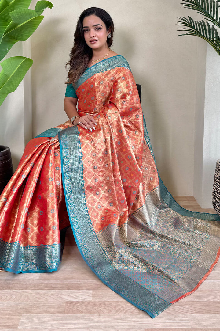 Dark Peach Banarasi Tissue Silk Saree