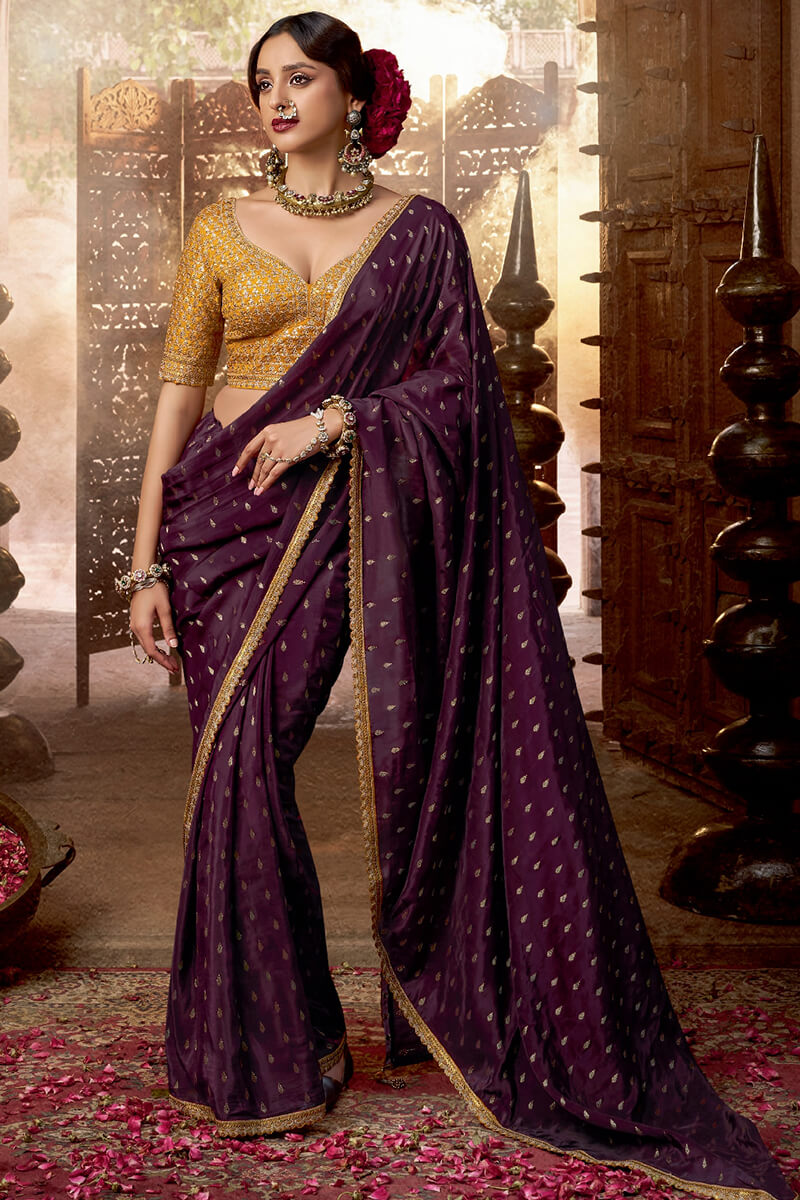 Dark Purple Pure Viscose Crepe Silk Saree with Embroidery Blouse Piece