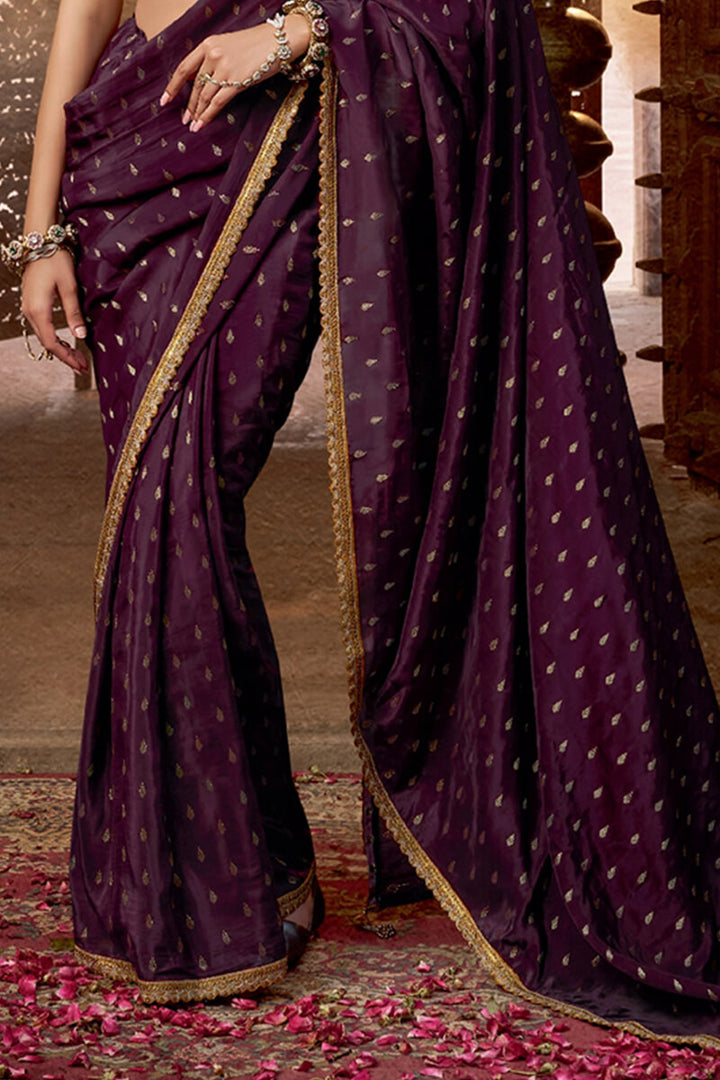 Dark Purple Pure Viscose Crepe Silk Saree with Embroidery Blouse Piece