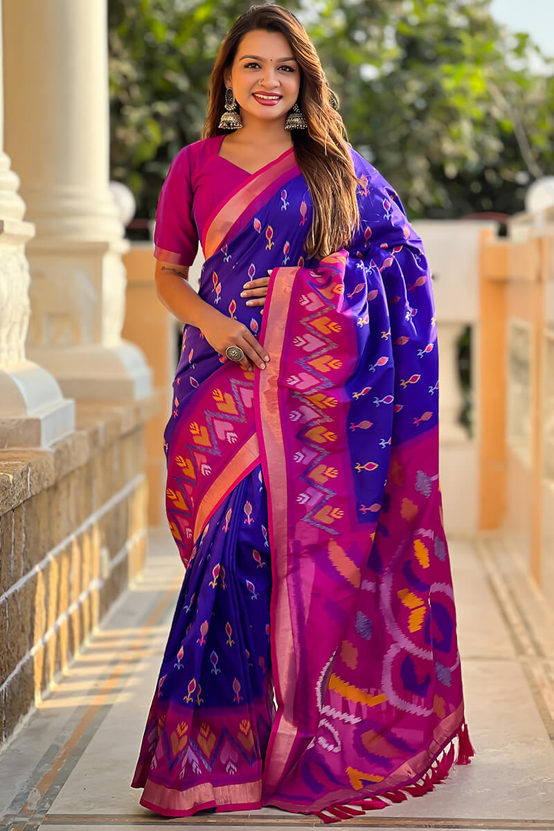Dark Royal Blue Ikkat Weaving Soft Silk Saree