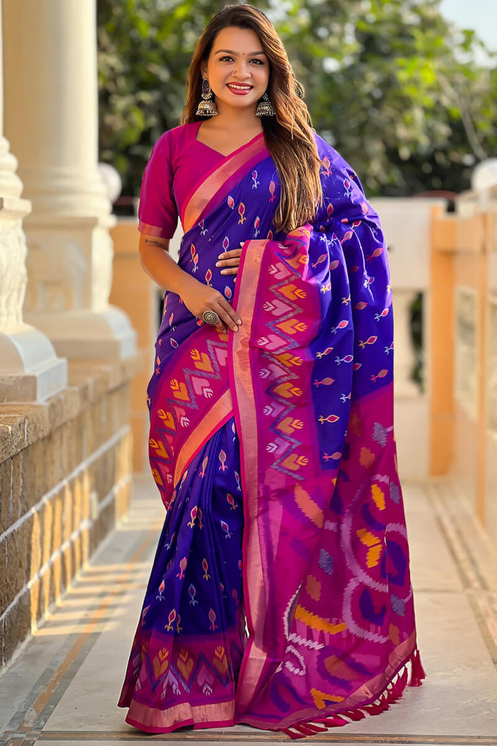 Dark Royal Blue Ikkat Weaving Soft Silk Saree
