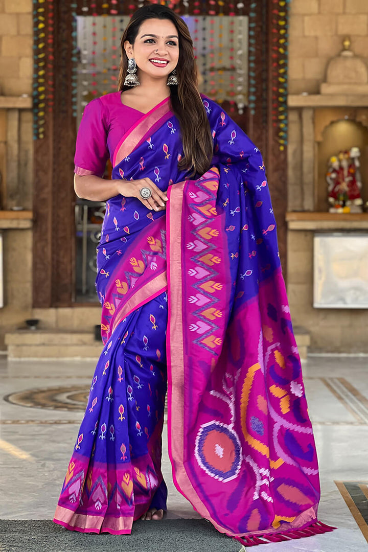 Dark Royal Blue Ikkat Weaving Soft Silk Saree