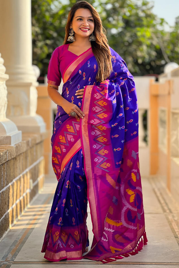 Dark Royal Blue Ikkat Weaving Soft Silk Saree