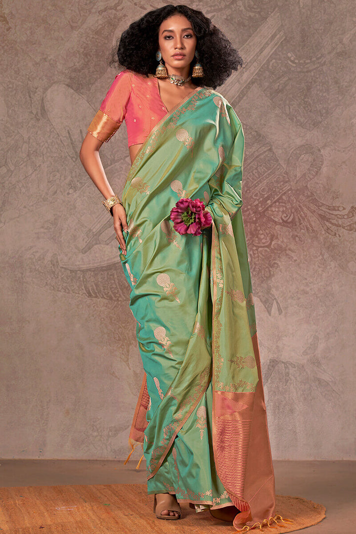 Dark Sea Green Banarasi Two Tone Silk Saree