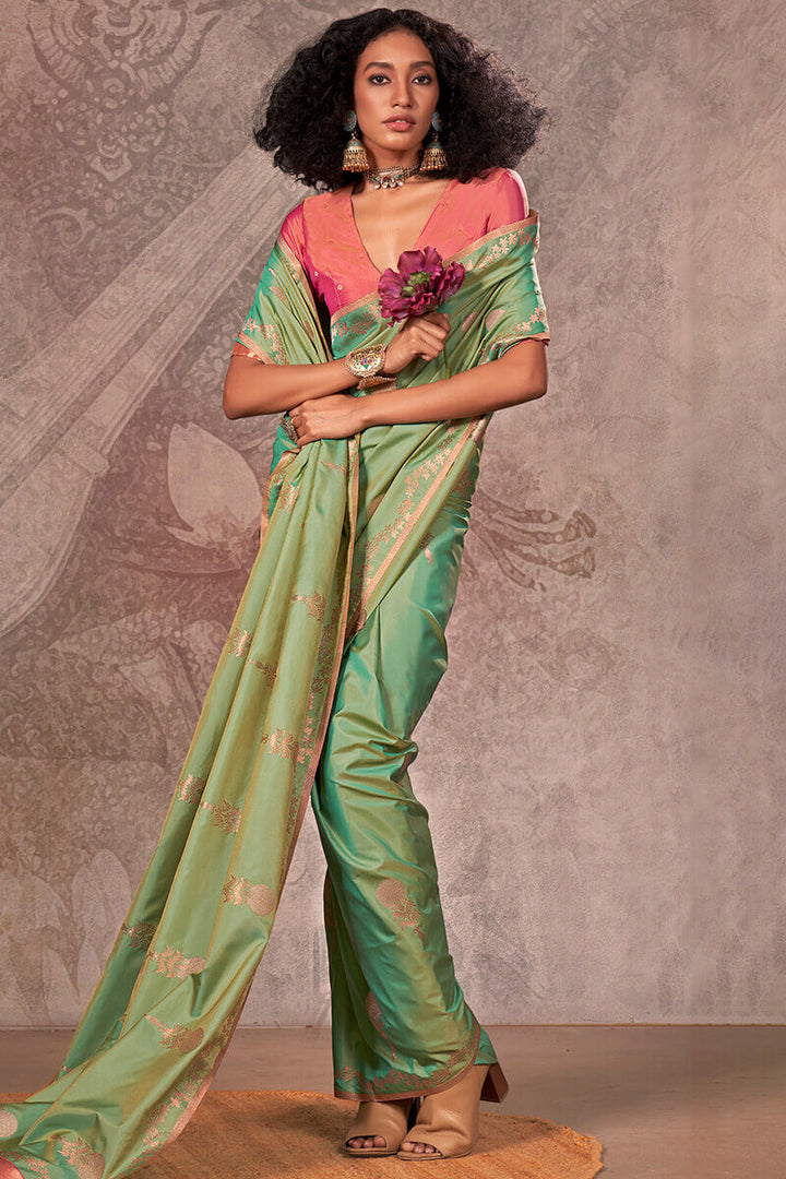 Dark Sea Green Banarasi Two Tone Silk Saree