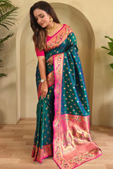 Dark Teal Green Zari Woven Paithani Silk Saree