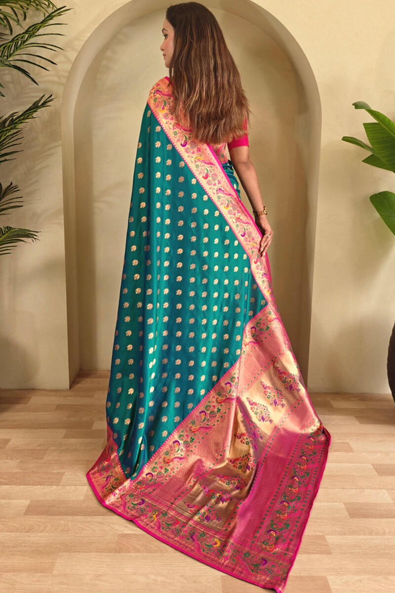 Dark Teal Green Zari Woven Paithani Silk Saree