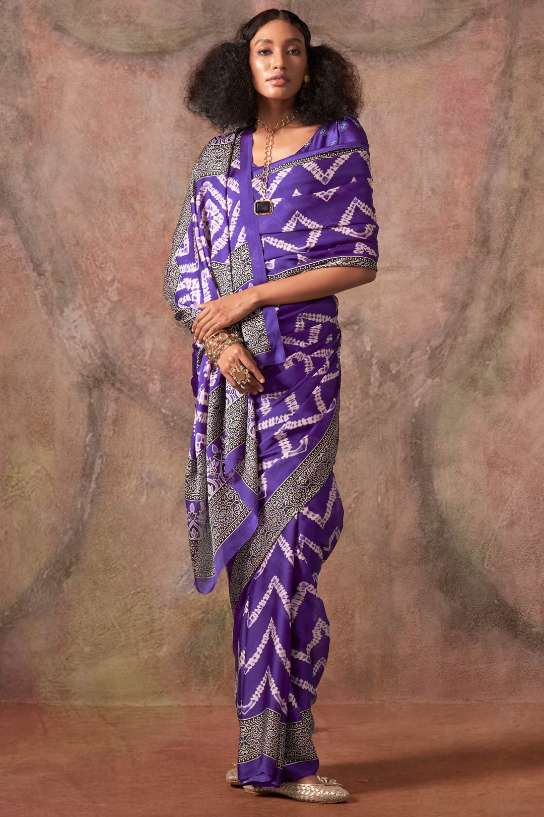 Dark Violet Ajarkh Printed Satin Georgette Silk Saree