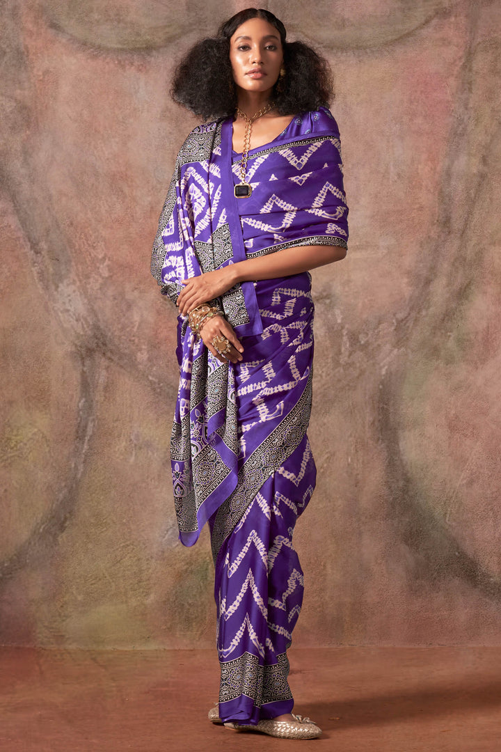 Dark Violet Ajarkh Printed Satin Georgette Silk Saree