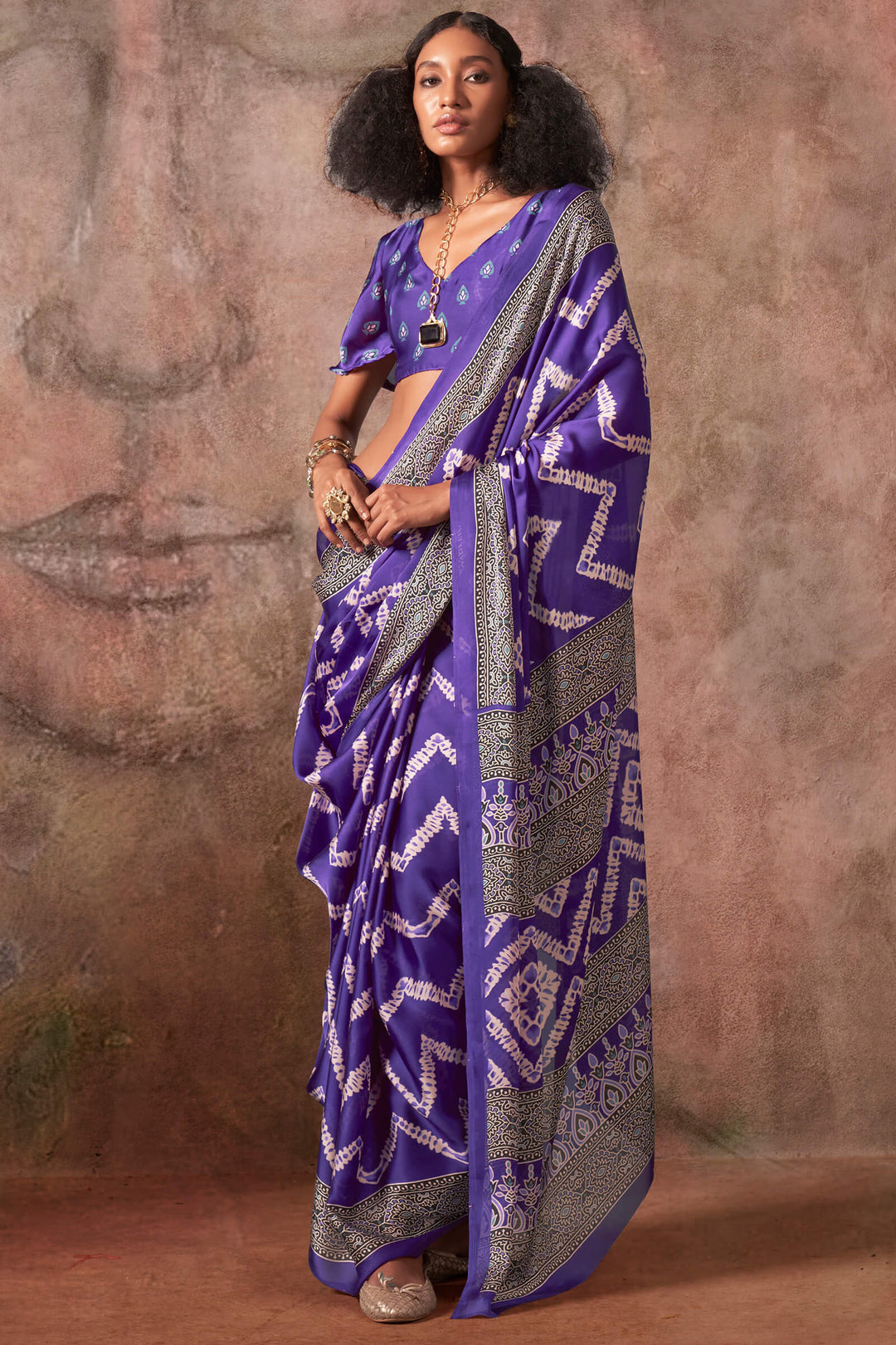 Dark Violet Ajarkh Printed Satin Georgette Silk Saree