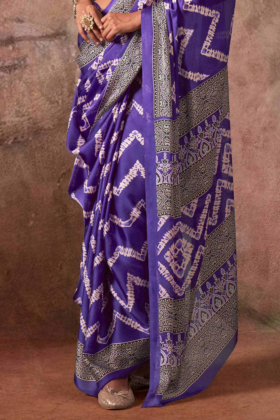 Dark Violet Ajarkh Printed Satin Georgette Silk Saree