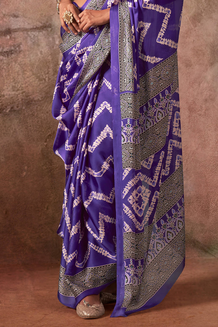 Dark Violet Ajarkh Printed Satin Georgette Silk Saree