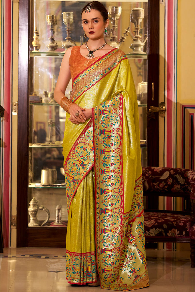 Dark Yellow Paithani Tissue Silk Saree