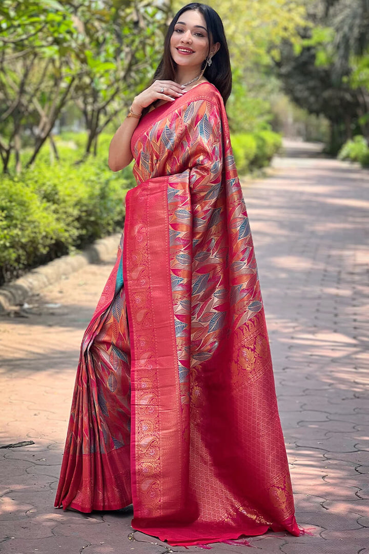 Deep Carmine Pink Zari Woven Kanjivaram Silk Saree