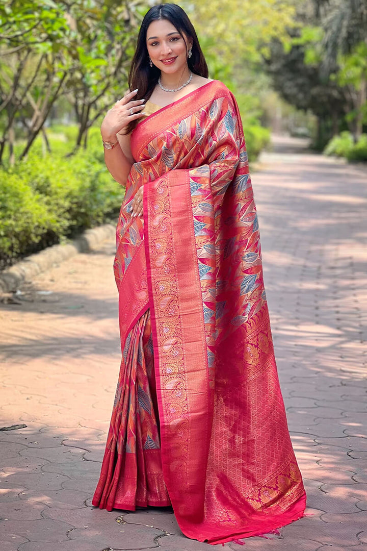 Deep Carmine Pink Zari Woven Kanjivaram Silk Saree