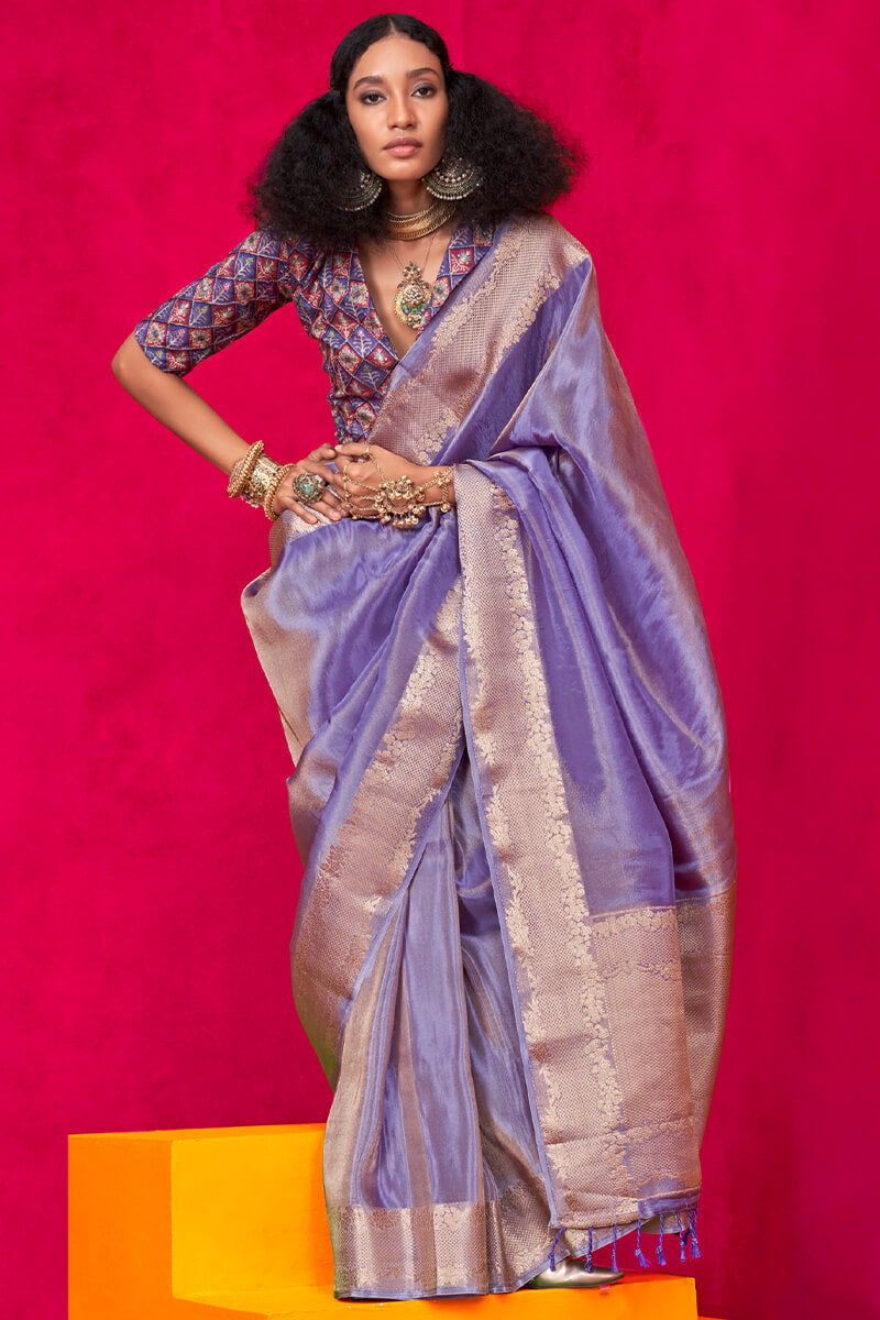 Deep Lavender Tissue Silk Saree With Embroidery Blouse Piece