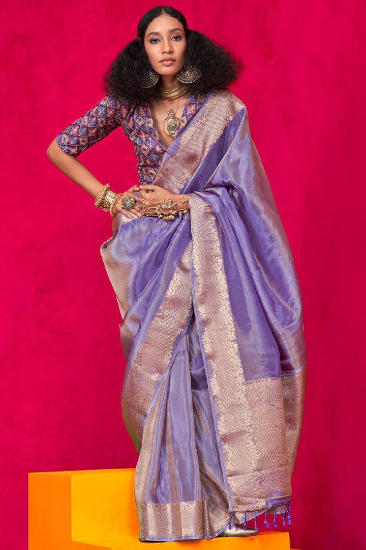 Deep Lavender Tissue Silk Saree With Embroidery Blouse Piece