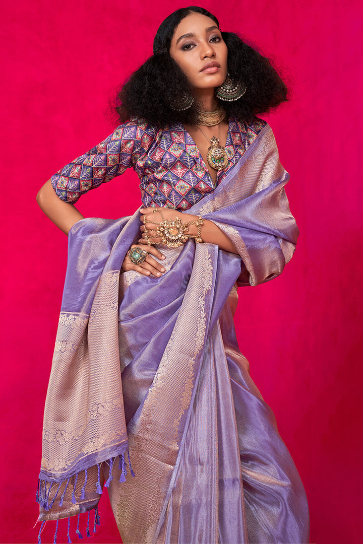 Deep Lavender Tissue Silk Saree With Embroidery Blouse Piece