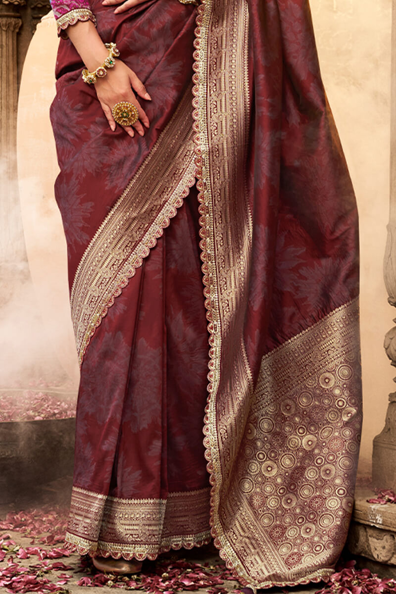Deep Maroon Banarasi Fancy Silk Saree with Lace Border