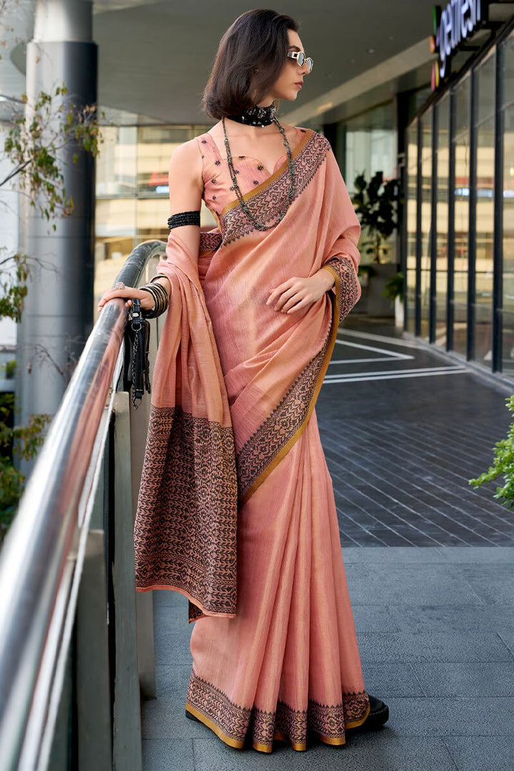 Deep Peach Linen Tissue Silk Saree