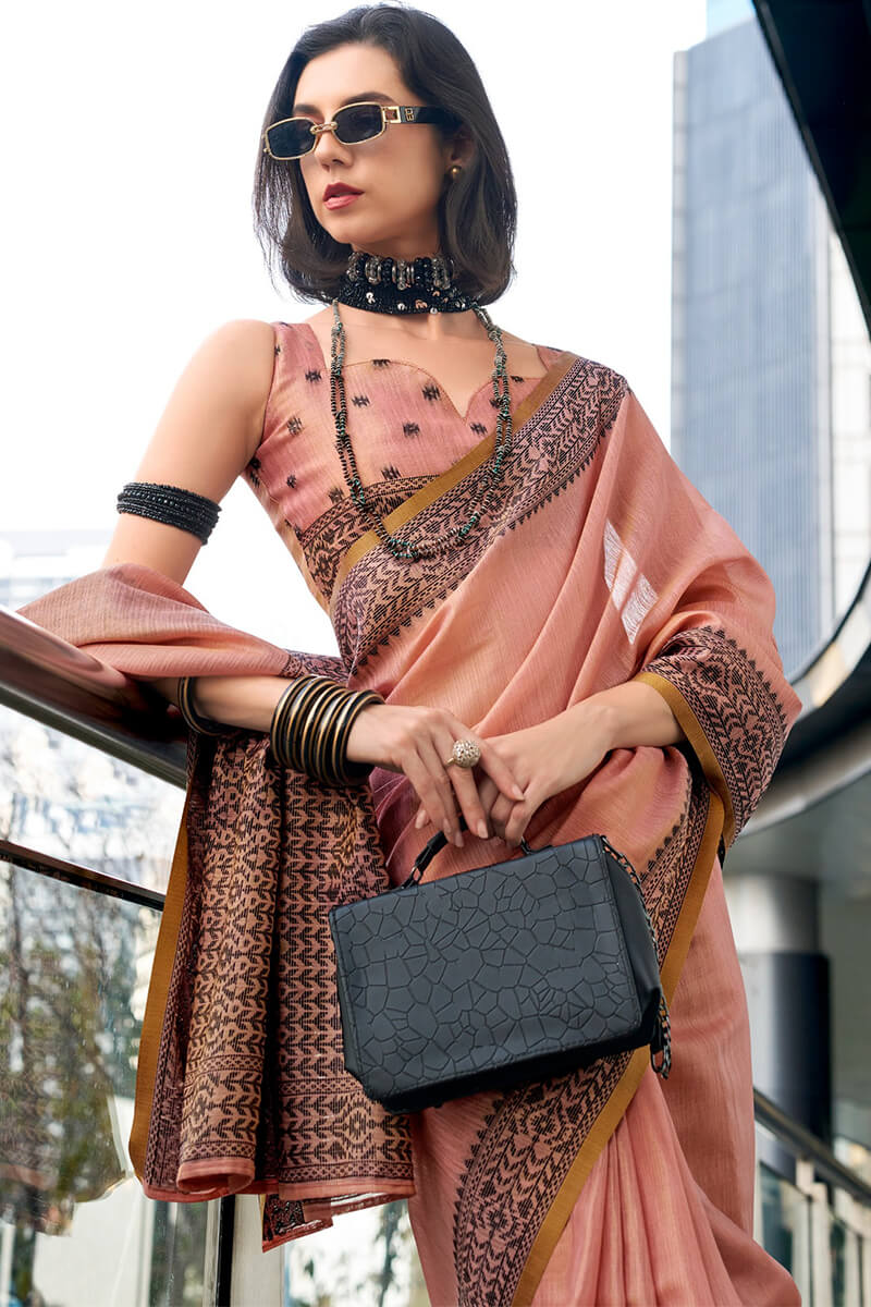 Deep Peach Linen Tissue Silk Saree