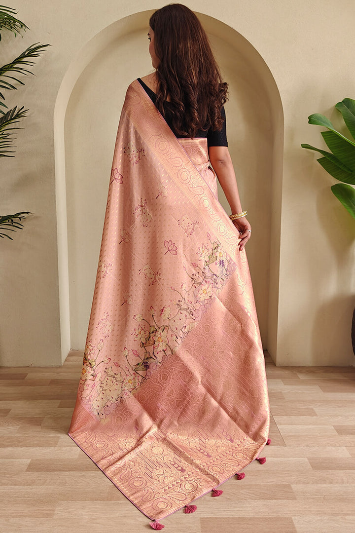 Deep Peach Viscose Georgette Printed Banarasi Silk saree