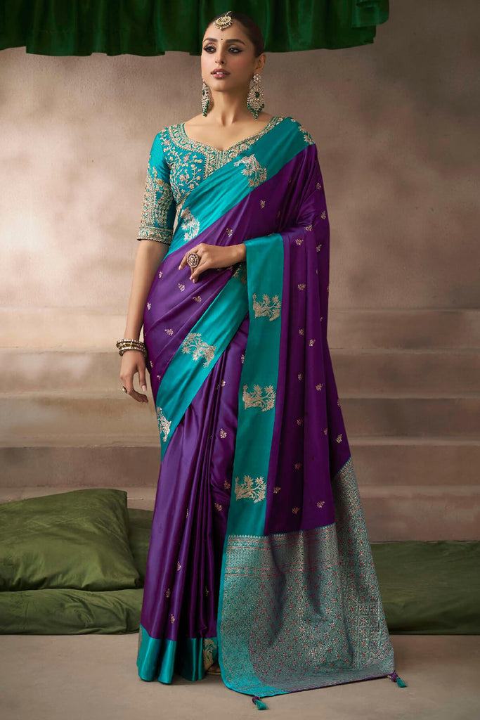 Deep Purple Zari Woven Satin Silk Saree With Heavy Embroidery Blouse Piece