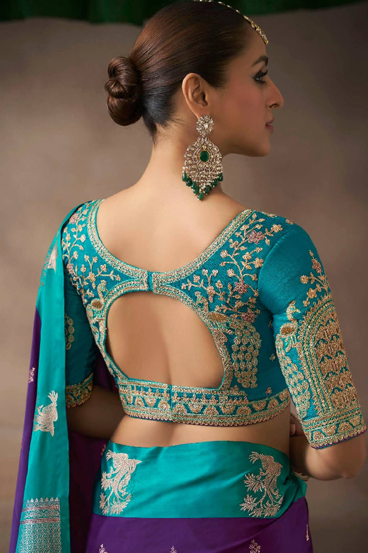 Deep Purple Zari Woven Satin Silk Saree With Heavy Embroidery Blouse Piece