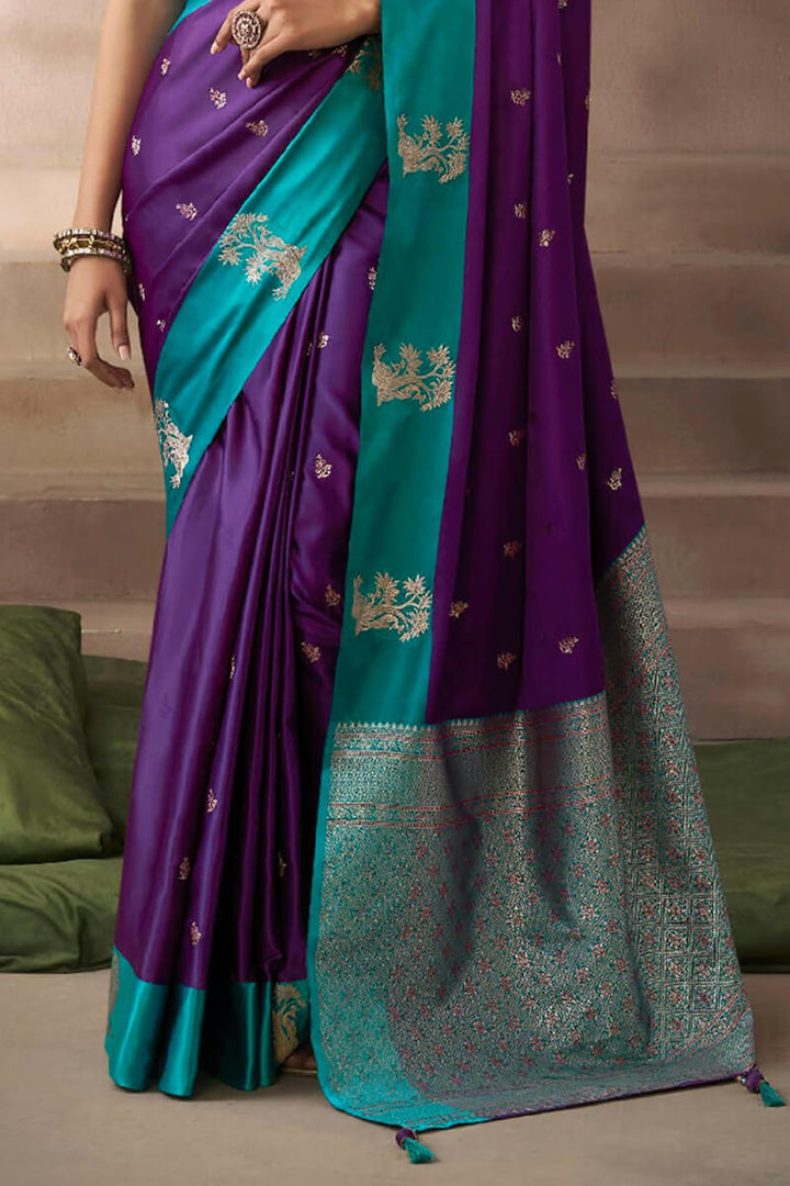 Deep Purple Zari Woven Satin Silk Saree With Heavy Embroidery Blouse Piece