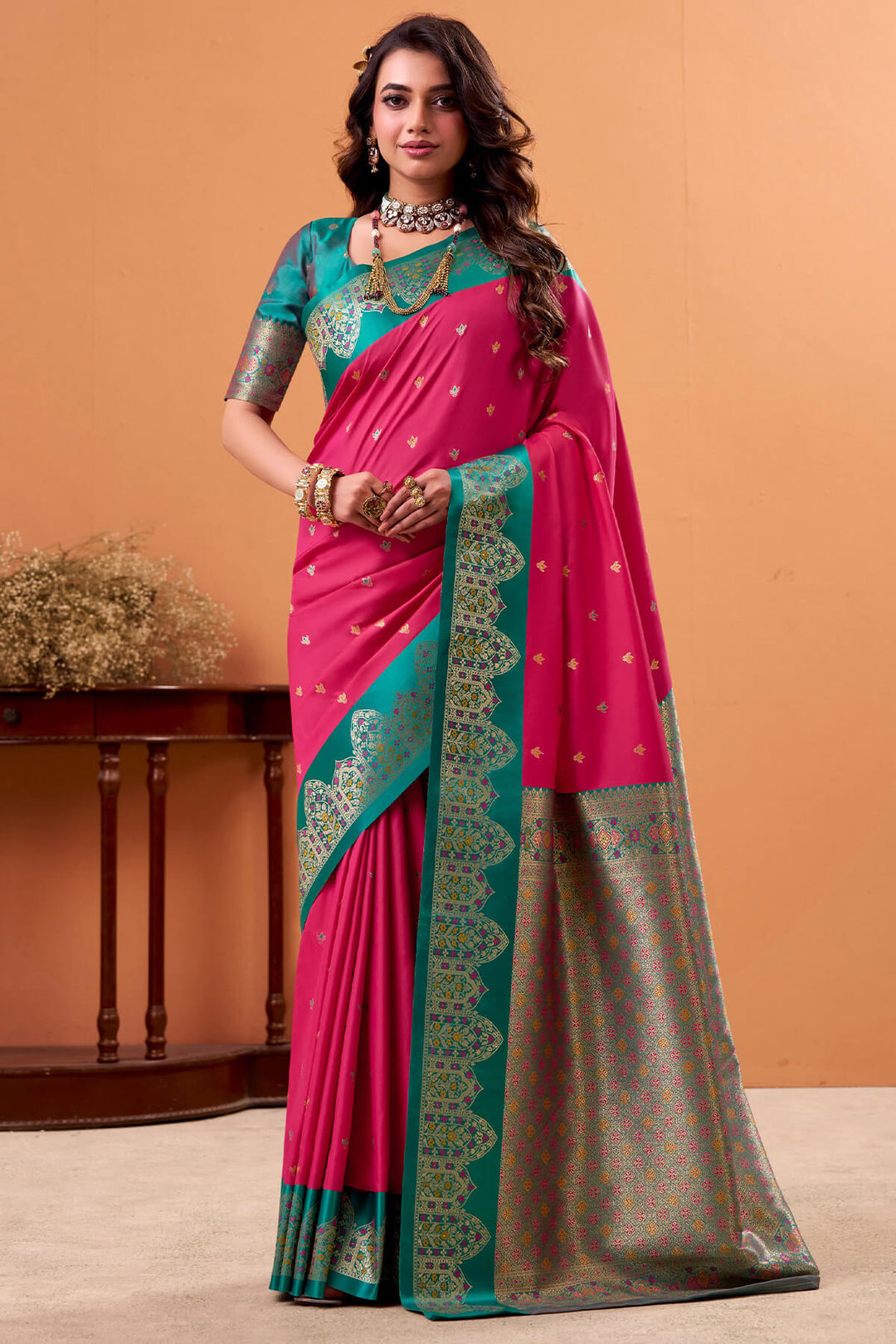 Deep Rose Pink Zari Woven Satin Silk Saree