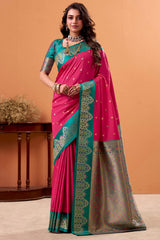 Deep Rose Pink Zari Woven Satin Silk Saree